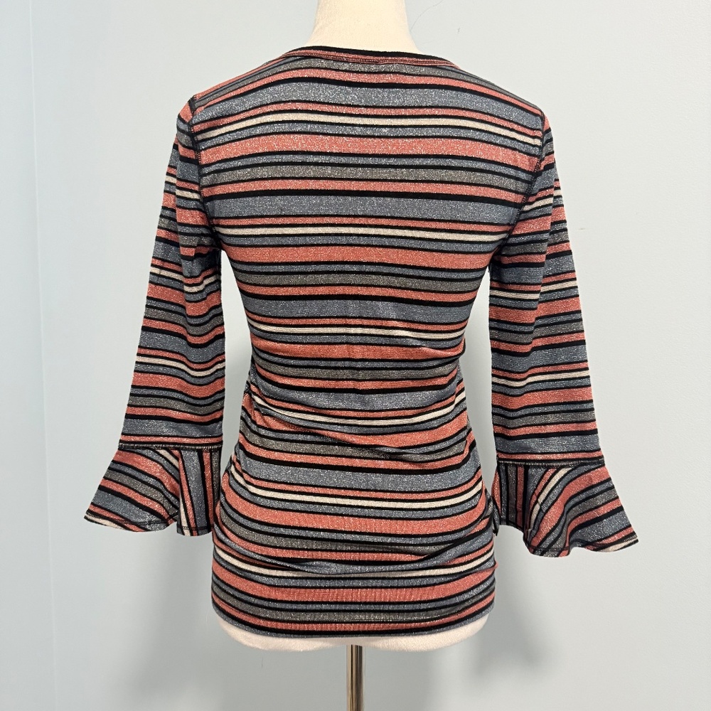 FREE PEOPLE Surprise Party Metallic Striped 3/4 Bell‎ Sleeve Top Blouse Size M - Picture 3 of 7